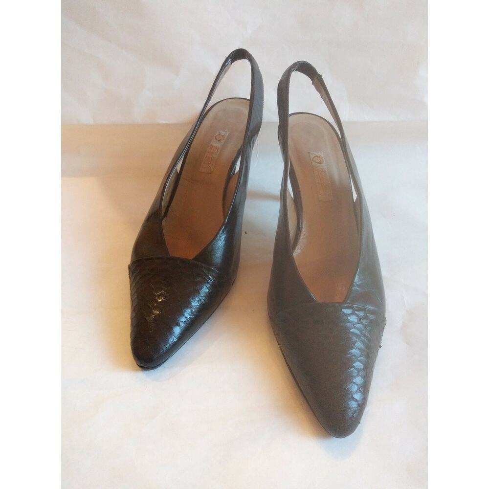 Vintage GUCCI SHOES SLINGBACKS black LEATHER towline snakeskin sz 38.5 AA 8.5 - Picture 1 of 11